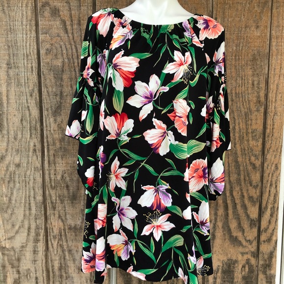 black dress with large pink flowers